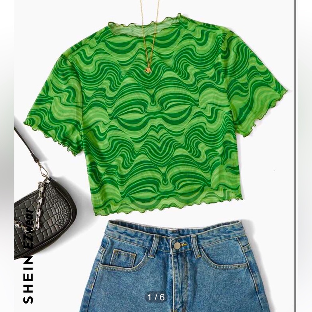 SHEIN Allover Print Lettuce Trim Mesh Top, size small